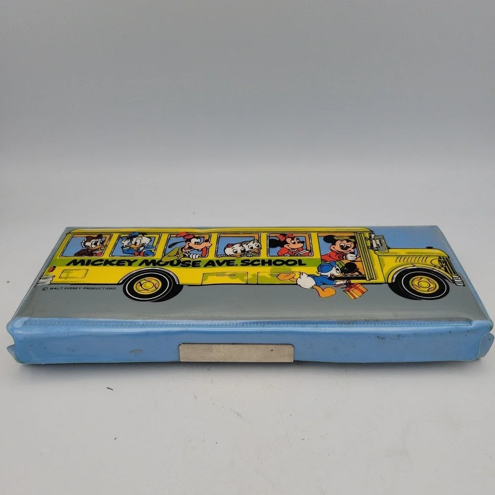 VTG Walt Disney Mickey Mouse Ave School Vinyl Pencil Box Case School Bus Blue